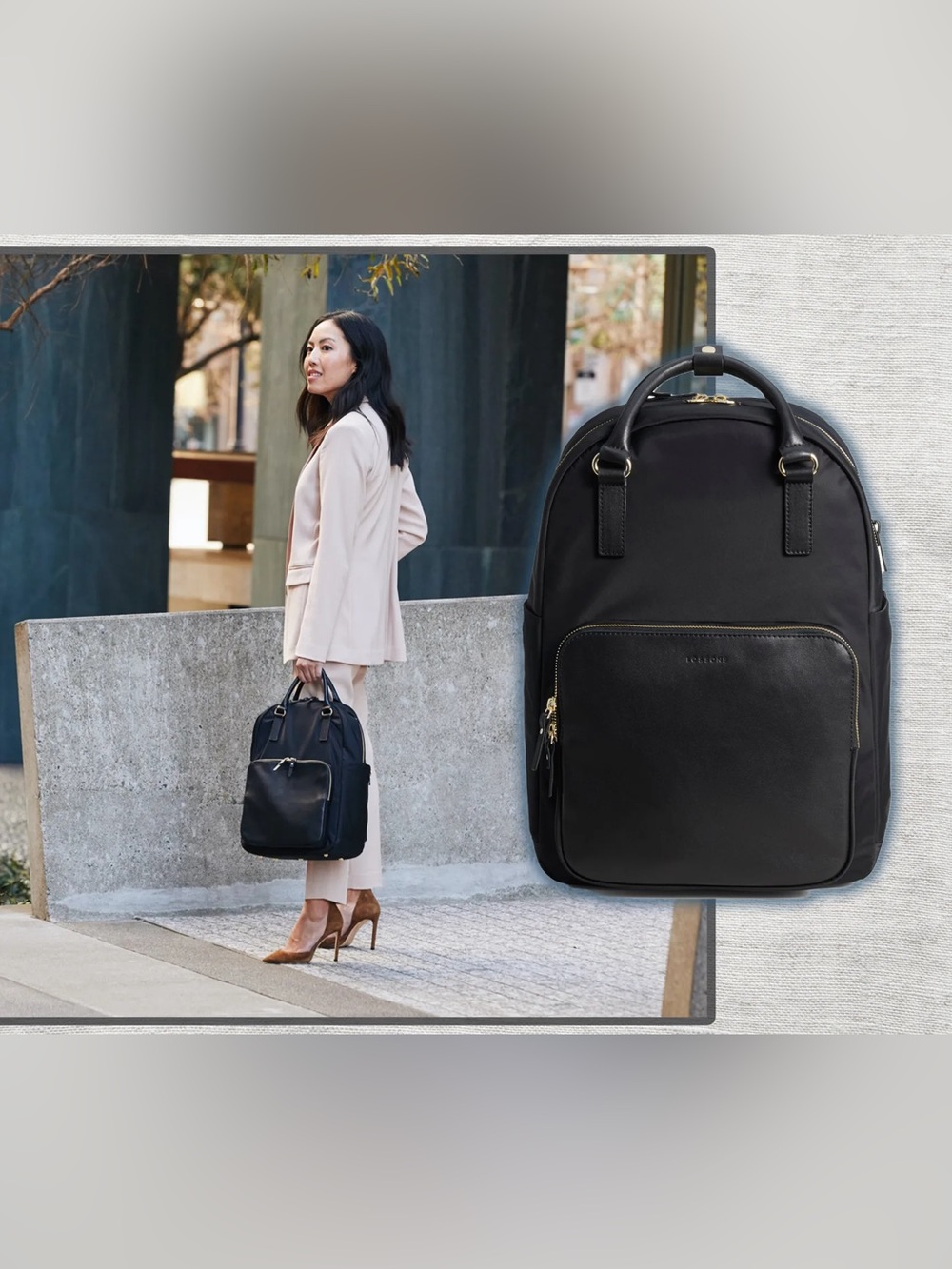 Lo & Sons Rowledge 1 Backpack, black with gold hardware and lavender interior